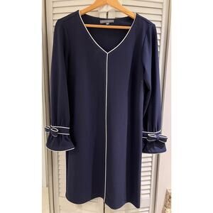 Sharango Shift Dress Poet Long-Sleeve V Neck Deep Blue w/White Piping Bow Cuff
